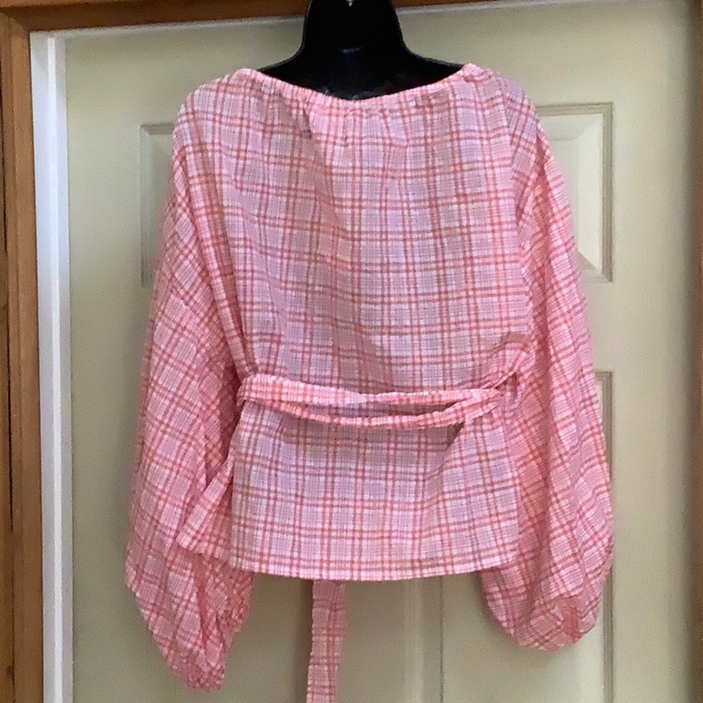 NWT MICHAEL MICHAEL KORS Coral Tie Plaid Long Sleeve Surplice Neckline Blouse - Picture 8 of 13